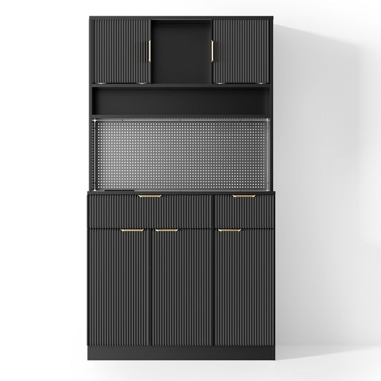 Save 50% - 71" Freestanding Kitchen Pantry Cabinet with Power Outlets & Pegboard, Black Hutch with Microwave Stand and Spice Rack