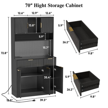 Black Belord 71-inch freestanding kitchen pantry cabinet with power outlets, pegboard, microwave stand, and spice rack.