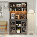 Save 50% - 70.87" Freestanding Kitchen Pantry Cabinet with LED Lights, Power Outlet & Barn Doors, Oak Hutch with Microwave Stand - Belord