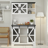 Belord oak freestanding kitchen pantry cabinet with barn doors, LED lighting, power outlet, microwave stand, and storage.