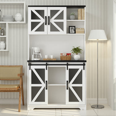 Belord oak freestanding kitchen pantry cabinet with barn doors, LED lighting, power outlet, microwave stand, and storage.