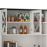 Belord oak freestanding kitchen pantry cabinet with barn doors, LED lights, power outlet, microwave stand, and storage shelves.