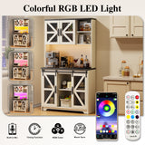 Save 50% - 70.87" Freestanding Kitchen Pantry Cabinet with LED Lights, Power Outlet & Barn Doors, Oak Hutch with Microwave Stand - Belord