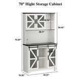 Save 50% - 70.87" Freestanding Kitchen Pantry Cabinet with LED Lights, Power Outlet & Barn Doors, Oak Hutch with Microwave Stand - Belord