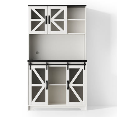 Belord oak kitchen pantry cabinet with barn doors, LED lights, power outlet, microwave stand, and freestanding design