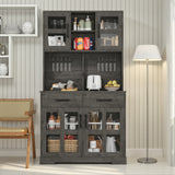 Save 50% - Modern Kitchen Pantry Cabinet with Power Outlet & Wine Glass Rack, Freestanding Hutch with Microwave Stand and Adjustable Shelves - Belord