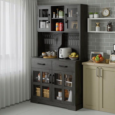 Modern Belord kitchen pantry cabinet with power outlet, wine glass rack, adjustable shelves, and microwave stand in a freestanding design.