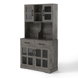 Save 50% - Modern Kitchen Pantry Cabinet with Power Outlet & Wine Glass Rack, Freestanding Hutch with Microwave Stand and Adjustable Shelves - Belord