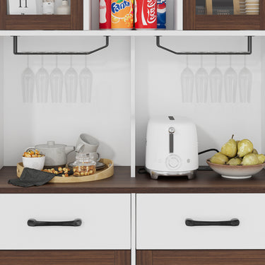 Modern Belord kitchen pantry cabinet with power outlet, wine glass rack, microwave stand, and adjustable shelves in a freestanding design.