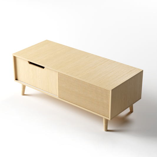 Save 50% - Boho Coffee Table with Fluted Sliding Door & Storage, Natural Wood Color Accent Center Table for Living Room