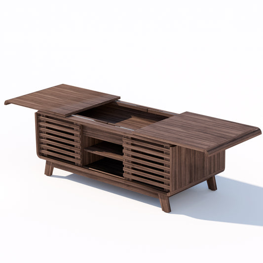 Save 50% - Mid Century Modern Coffee Table with Hidden Storage & Sliding Door, Walnut Finish Dining Table for Living Room