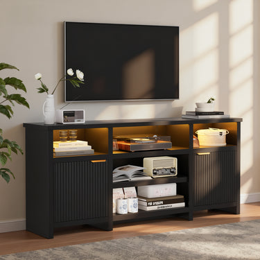 Modern farmhouse TV stand by Belord for 75-inch TVs, mid-century media console with LED lighting and storage.