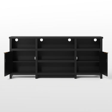 Modern farmhouse TV stand by Belord for 75-inch TVs, mid-century style media console with LED lighting and storage.