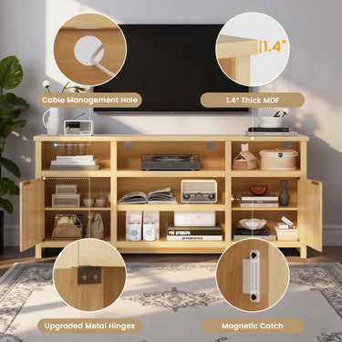 Modern farmhouse TV stand by Belord for 75-inch TVs, with LED lighting and mid-century style media console for entertainment.