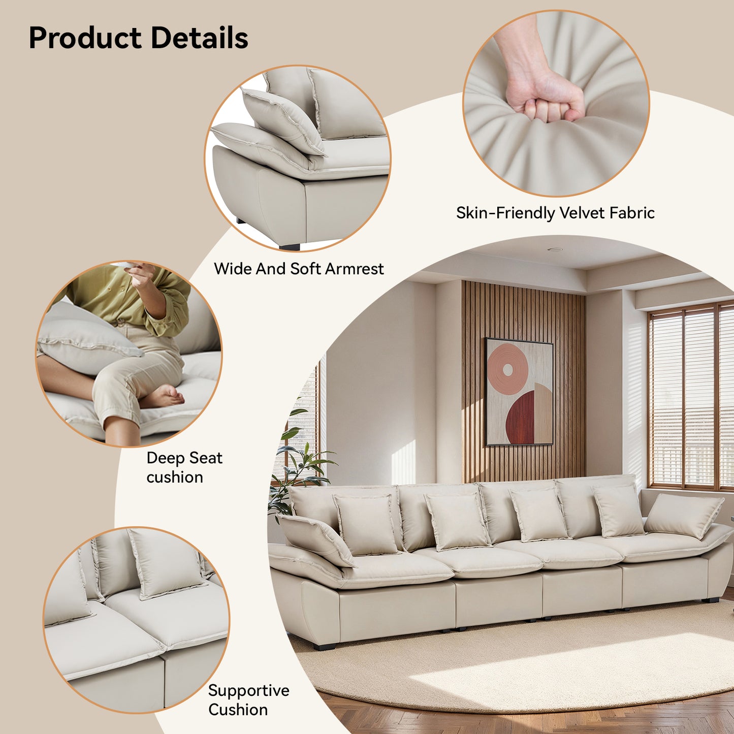 Save 50% - 4-Seater Modular Sectional Sofa with Storage Ottomans, Reversible Deep Seat Sleeper Couch with Removable Backrest & Throw Pillows