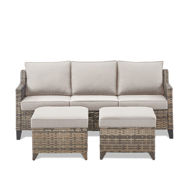 Belord 3-piece patio conversation set with all-weather wicker couch and multifunctional ottoman, perfect for outdoor seating.