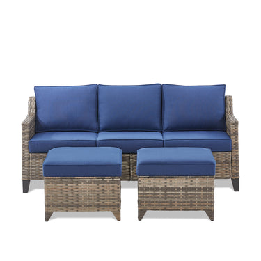 Belord 3-piece patio set with all-weather wicker couch and multifunctional ottoman for outdoor conversation and relaxation.