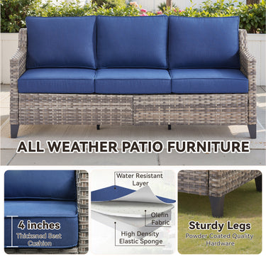 Belord 7-piece patio conversation set with sofa, two swivel chairs, coffee table, and two ottomans in outdoor seating arrangement.