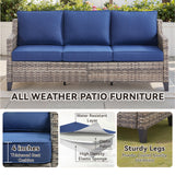 Belord 8-piece patio conversation set with sofa, four swivel chairs, two ottomans, and side tables for outdoor seating.