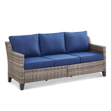 Belord outdoor 3-seat wicker patio sofa with thick cushions, stylish and comfortable for outdoor lounging.