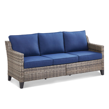 Belord outdoor 3-seat wicker patio sofa with thick cushions, stylish and comfortable for outdoor lounging.