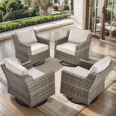 Set of four Belord FG Series high-back swivel rocker chairs with PE wicker frames and padded cushions for patio conversation.