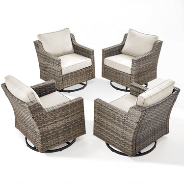 Set of four Belord FG Series high-back swivel rocker patio chairs with PE wicker and padded cushions, ideal for outdoor conversation areas.