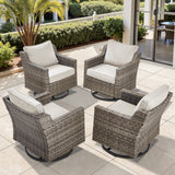 Four Belord FG Series high-back swivel rocker chairs with PE wicker and padded cushions for patio conversation sets.