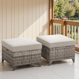 Belord 2-piece outdoor wicker ottoman set with dual-use side tables, featuring woven rattan design and sturdy legs.