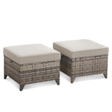Belord 2-piece outdoor wicker ottoman set with dual-use side tables, featuring woven rattan design and sturdy metal frames.