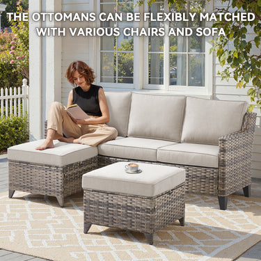 Belord 2-piece outdoor wicker ottoman set with dual-use side tables, featuring woven rattan design for patio or garden use.