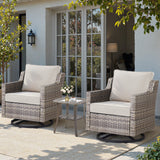 Belord 3-piece outdoor bistro set with PE rattan chairs, thick cushions, and glass coffee table for patio conversation.