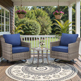 Belord 3-piece outdoor bistro set with PE rattan chairs, thick cushions, and glass coffee table for patio conversation.