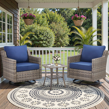 Belord 3-piece outdoor bistro set with PE rattan chairs, thick cushions, and glass coffee table for patio conversation.