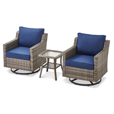 Belord 3-piece outdoor bistro set with PE rattan chairs, thick cushions, and glass coffee table for patio conversation.