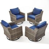 Set of two Belord FG Series high-back swivel rocker chairs with PE wicker and padded cushions for patio conversation.