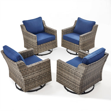 Set of two Belord FG Series high-back swivel rocker chairs with PE wicker and padded cushions for patio conversation.