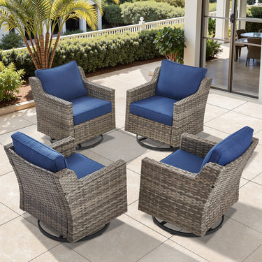 Belord FG Series 4-piece patio set with high-back swivel wicker rocker chairs and padded cushions, perfect for outdoor conversations.