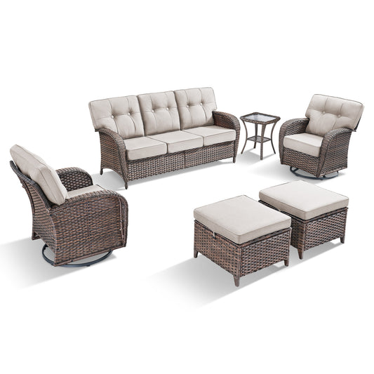 6-Piece Patio Sofa Set with Rocking Swivel Chairs & Ottomans, All-Weather Wicker Seating with 5-Inch Cushions, T Series