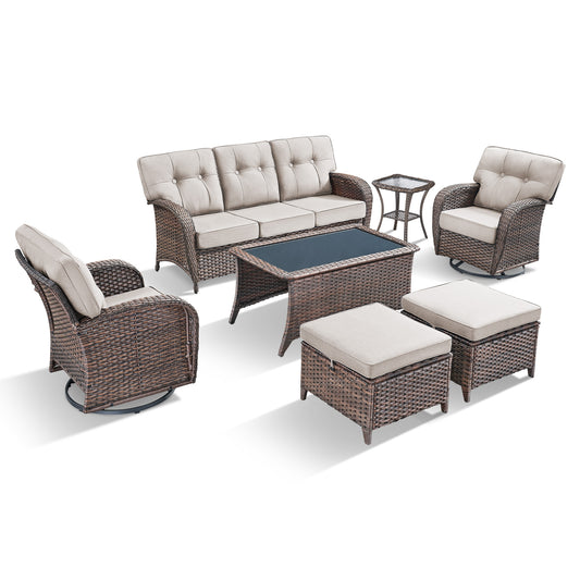 7-Piece Patio Furniture Set with Rocking Swivel Chairs, Ottomans & Coffee Table, High-Back Seating with 5'' Cushions, T Series