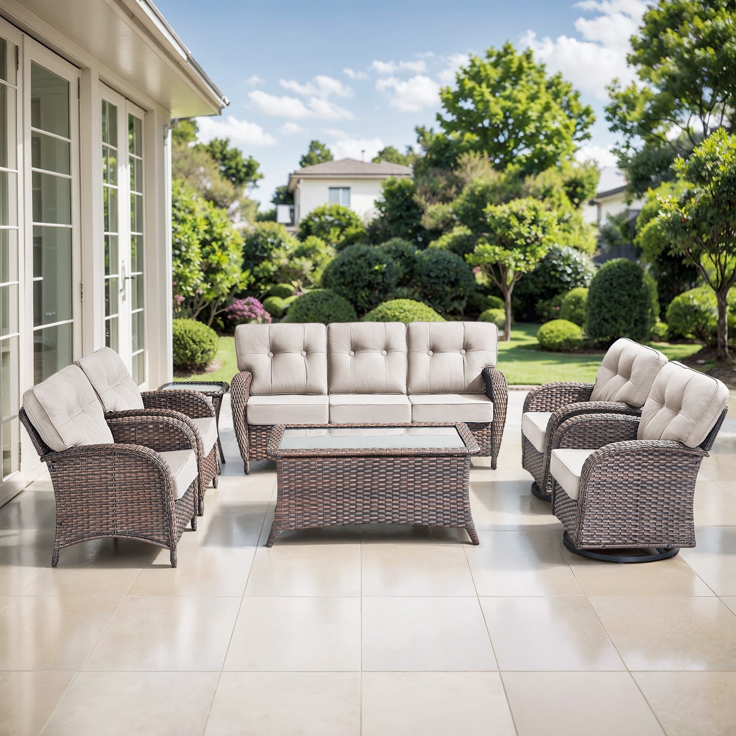 7-Piece Premium Patio Furniture Set with Rocking Swivel Chairs, Sofa, Large Coffee Table & 5'' Thick Cushions, T Series