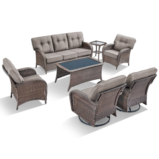 7-Piece Premium Patio Furniture Set with Rocking Swivel Chairs, Sofa, Large Coffee Table & 5'' Thick Cushions, T Series