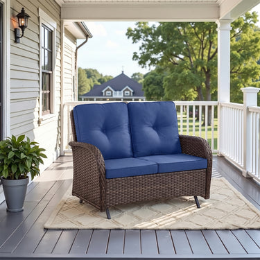 Belord outdoor wicker loveseat bench with two seats, featuring a stylish patio glider design and comfortable cushions.