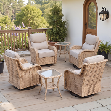Six-piece Belord swivel glider chair set with side tables, featuring plush cushions and modern design for comfortable lounge seating.