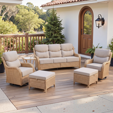 Belord 6-piece patio wicker sofa set with lounge and swivel chairs, featuring comfortable cushions and stylish outdoor seating.