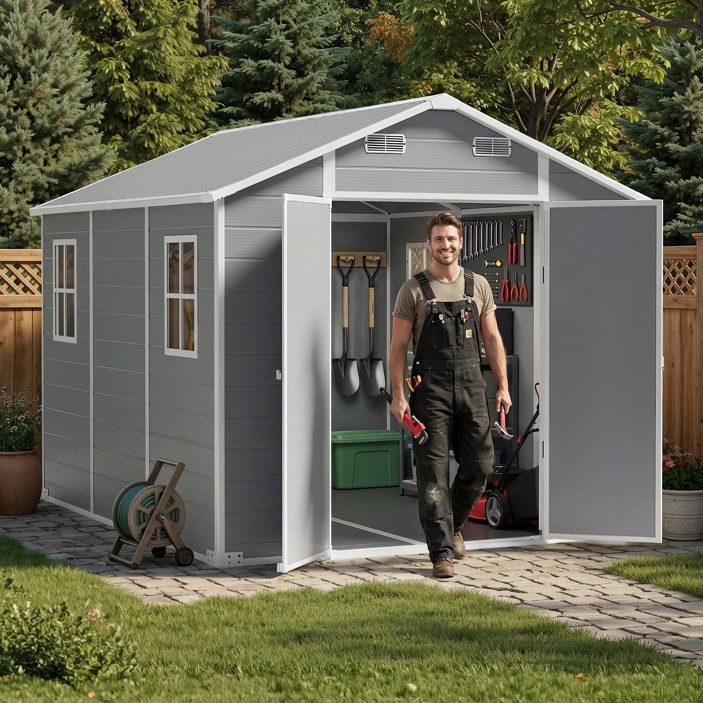 8x10 FT Outdoor Resin Storage Shed with Floor, Durable Plastic Garden Storage Shed for Patio, Backyard & Lawn