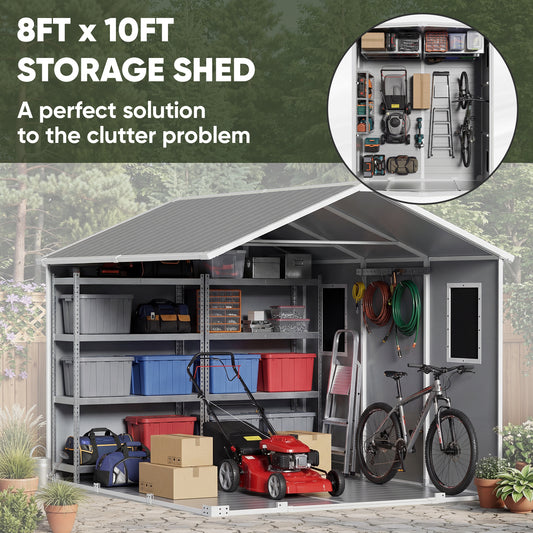 8x10 FT Outdoor Resin Storage Shed with Floor, Durable Plastic Garden Storage Shed for Patio, Backyard & Lawn
