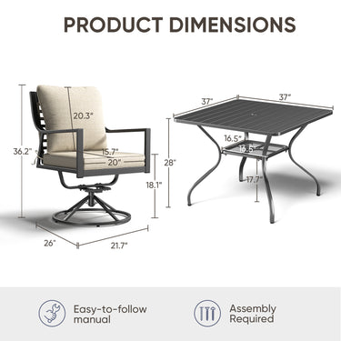 Grand Patio Set 5-Piece with 1 Black Square Iron Table and 4 Swivel Dining Chairs - Belord