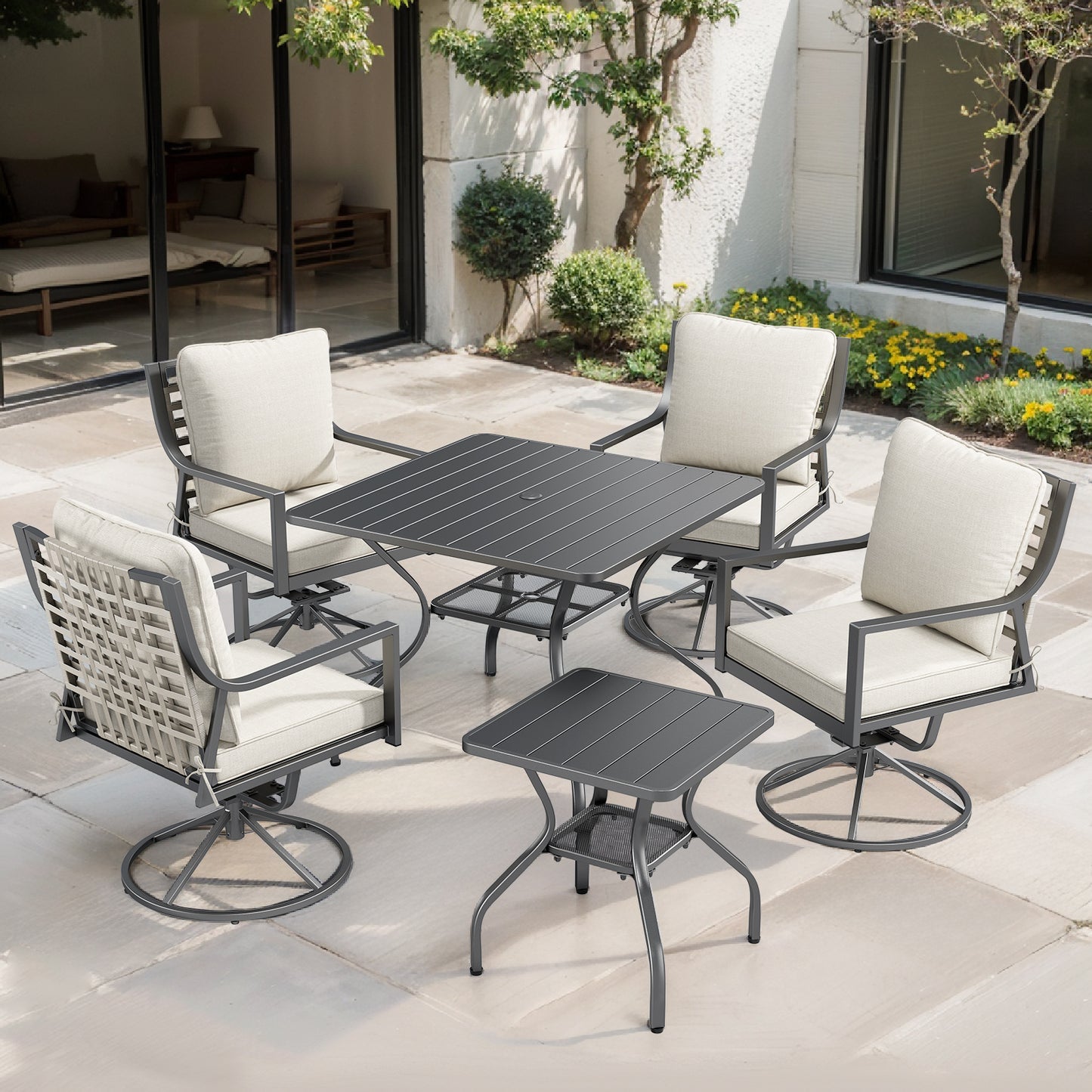Luxury 6-Piece Patio Dining Set – Includes 4 Swivel Chairs, Square Metal Dining Table & Black Iron Side Table