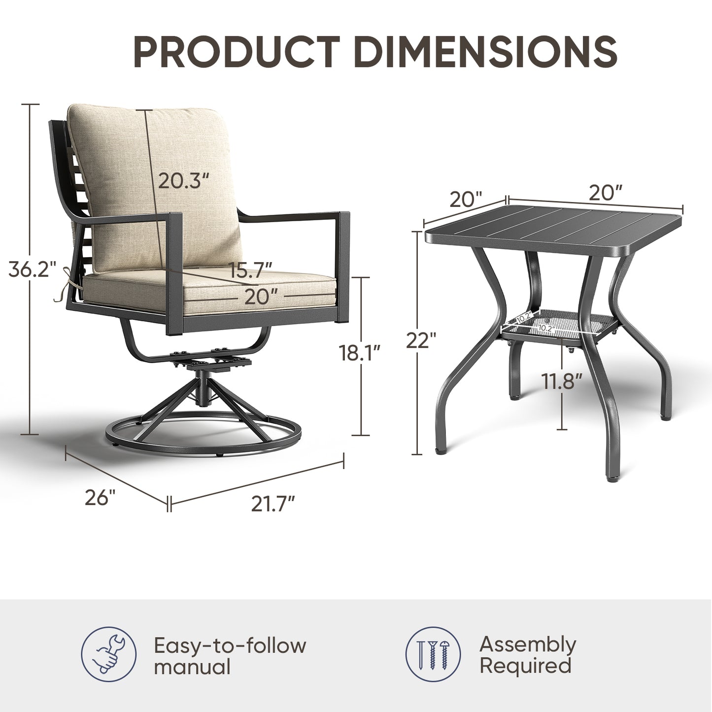 Luxury 3-Pc Patio Furniture Set - 2 360° Swivel Chairs + Wrought Iron Side Table